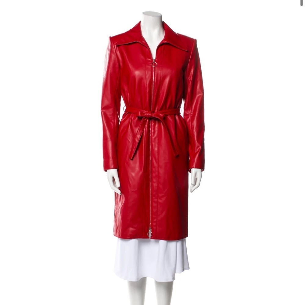 Orseund Iris Red Vegan Leather Belted Trench Coat Jacket Statement Designer L - Picture 8 of 15